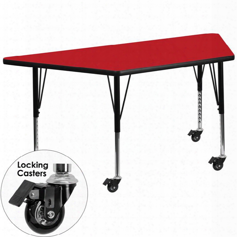 Xu-a3060-trap-red-h-p-cas-gg Mobile 30'w X 60'l Trapezoid Activity Table With 1.25' Thick High Pressure Red Laminate Top And Height Adjustable Pre-school