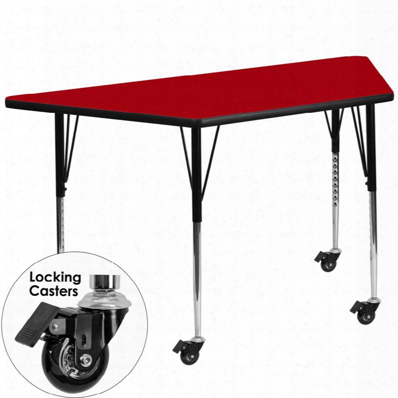 Xu-a30660-trap-red-t-a-cas-gg Mobile 30'w X 60'l Trapezoid Activity Table With Red Thermal Fused Laminate Top And Standard Height Adjustable