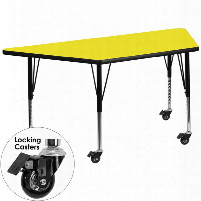 Xu-a3060-trap-yel-h-p-cas-gg Mobile 30'w X 60'l Trapezoid Activity Table With 1.25' Thick High Pressure Yellow Laminate Top And Height Adjustable Pre-school