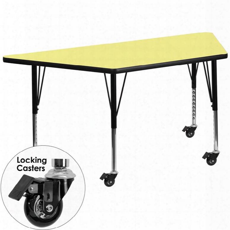 Xu-a3060-trap-yel-t-p-cas-gg Mobile 30'w X 60'l Trapezoid Activity  Table With Yellow Thermal Fused Laminate Top And Height Adjustable Pre-school