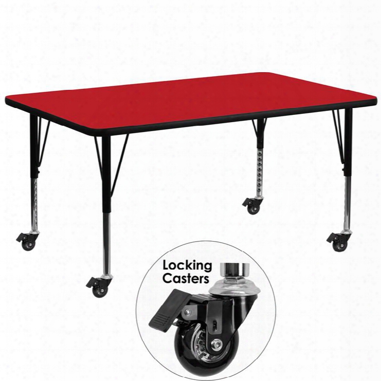 Xu-a3072-rec-red-h-p-cas-gg Mobile 30'w X  72'l Rectangular Activity Table With 1.25' Thick High Pressure Red Laminate Top And Height Adjustable Pre-school