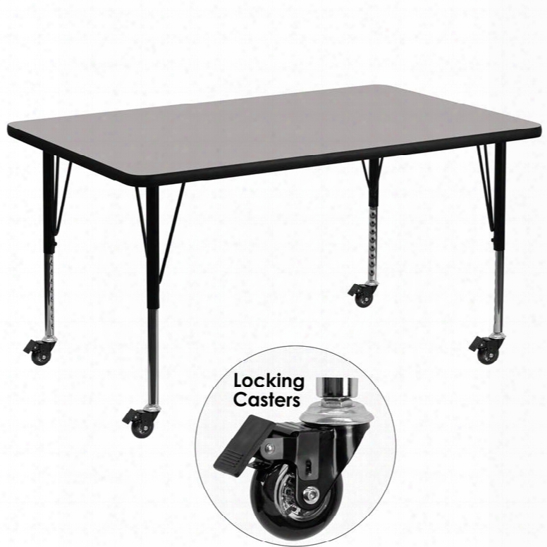 Xu-a3672-rec-gy-h-p-cas-gg Mobile 36'w X 72'l Rectangular Activity Table With 1.25' Thick High Pressure Grey Laminate Top And Height Adjustable Pre-school