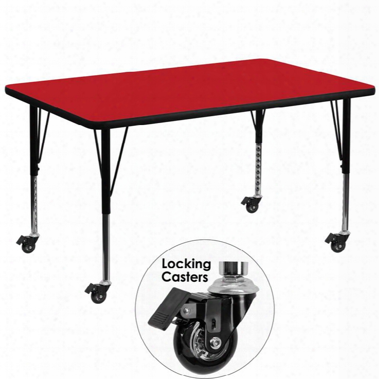 Xu-a3672-rec-red-h-p-cas-gg Mobile 36'w X 72'l Rectangular Activity Table With 1.25' Thick High Pressure Red Laminate Top And Height Adjustable Pre-school