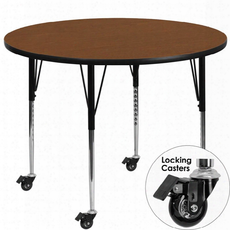 Xu-a48-rnd-oak-h-a-cas-gg Mobile 48' Round Activity Table With 1.25' Thick High Pressure Oak Laminate Top And Standard Height Adjustable