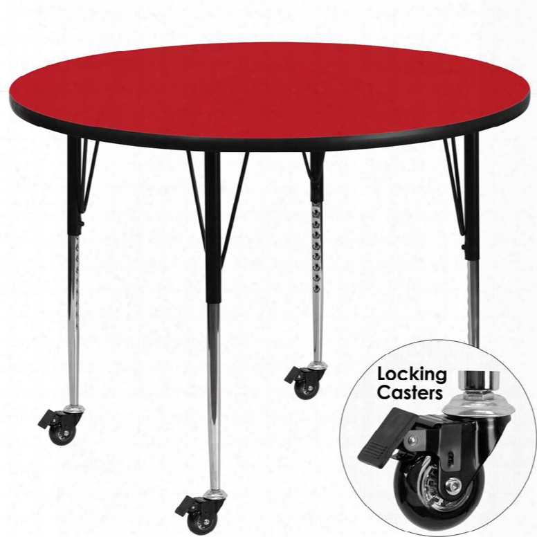 Xu-a48-rnd-red-h-a-cas-gg Mobile 48' Round Acivity Table With 1.25' Thick High Pressure Red Laminate Top And Standard Height Adjustable