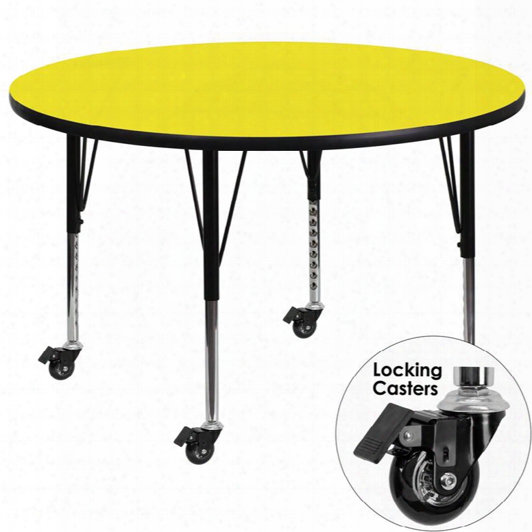 Xu-a48-rnd-yel-h-p-cas-gg Mobile 48' Round Activity Table With 1.25' Thick High Pressure Yellow Laminate Top And Height Adjustable Pre-school