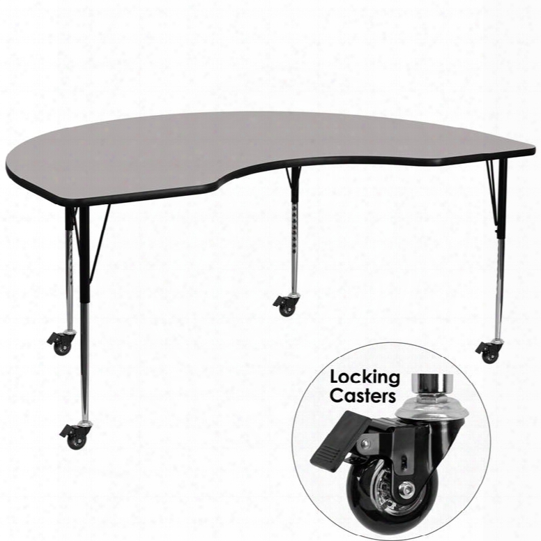 Xu-a4872-kidny-gy-h-a-cas-gg Mobile 48'w X 72'l Kidney Shaped Activity Table With 1.25' Thick High Pressure Grrey Laminate Top  And Standard Height Adjustable