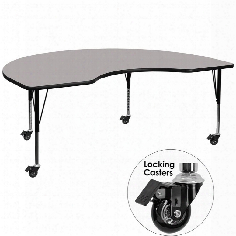 Xu-a4872-kidny-gy-h-p-cas-gg Mobile 48'w X 72'l Kidney Shaped Activity Table With 1.25' Thick High Pressure Grey Laminate Top And Height Adjustable