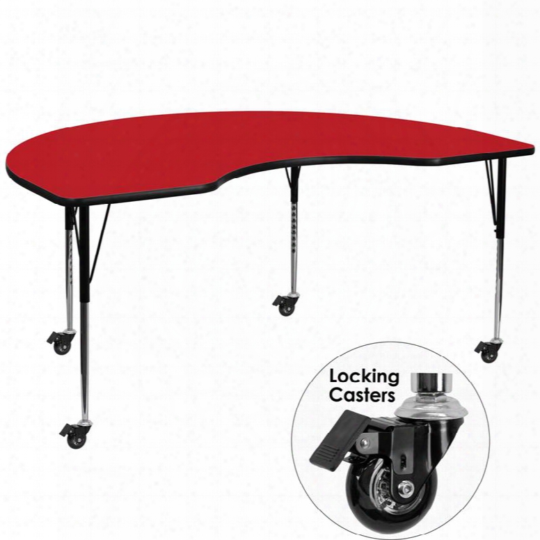 Xu-a4872-kidny-red-h-a-cas-gg Mobile 48'w X 72'l Kidney Shaped Activity Table With 1.25' Thick High Pressure Red Laminate Top And Standard Height Adjustable