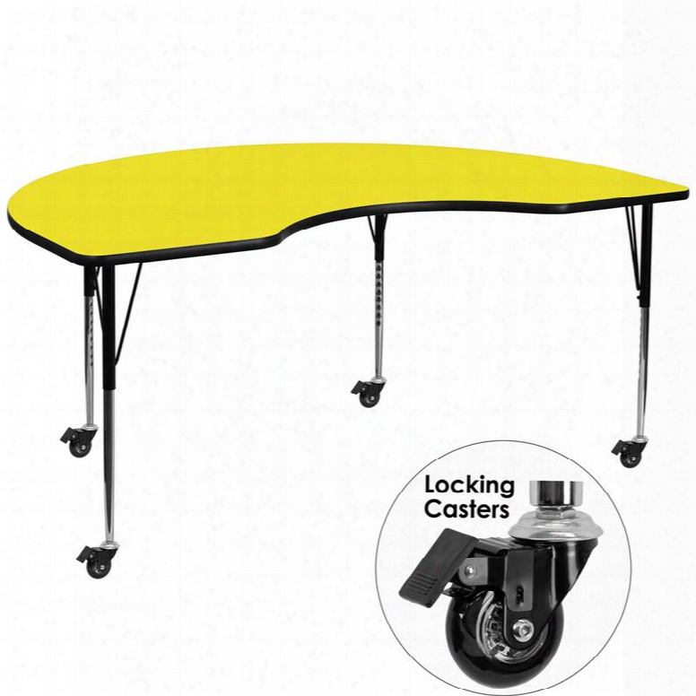 Xu-a4872-kidny-yel-h-a-cas-gg Mobile 48'w X 72'l Kidney Shaped Activity Table With 1.25' Thick Remote  Pressure Yellow Laminate Top And Standard Height