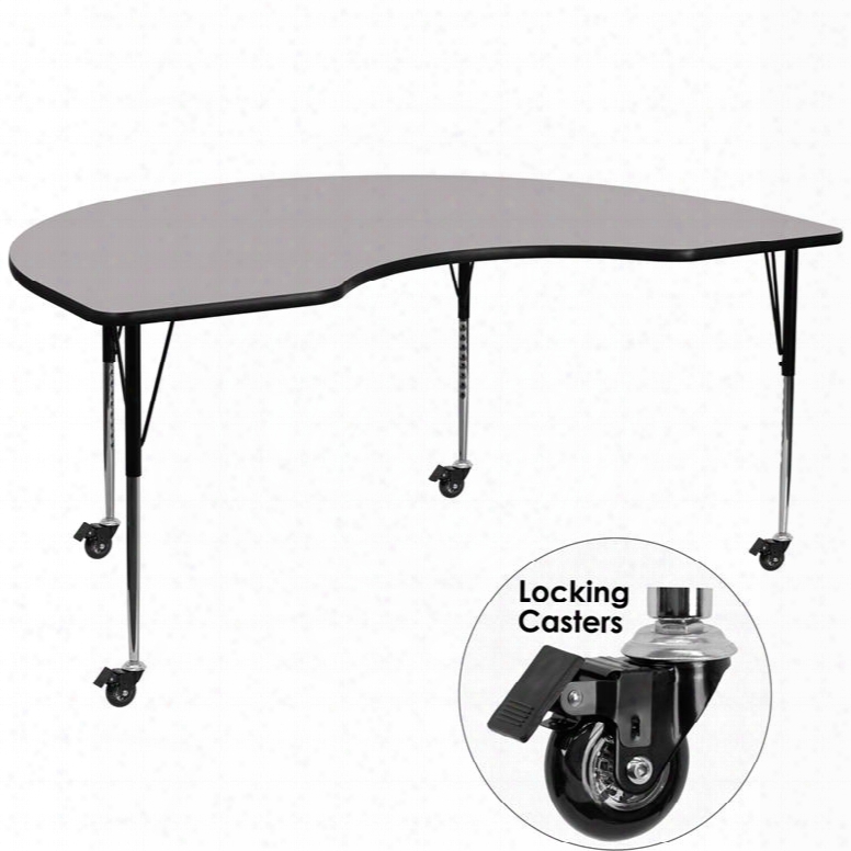 Xu-a4896-kidny-gy-t-a-cas-gg Mobile 48'w X 96'l Kidney Shaped Activity Table With Grey Thermal Fused Laminate Top And Stndaard Height Adjustable