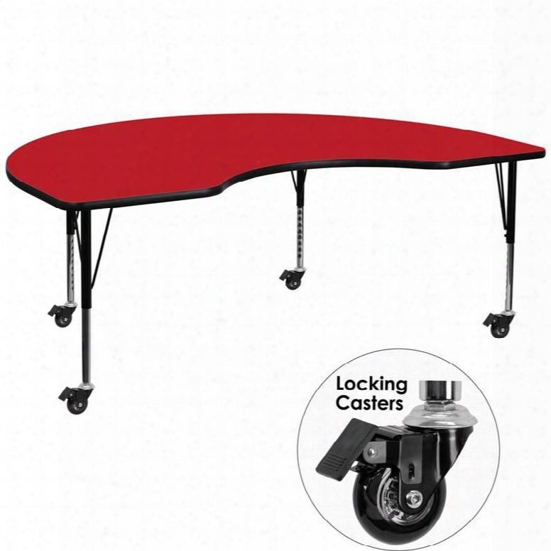 Xu-a4896-kidny-red-h-p-cas-gg Mobile 48'w X 96'l Kidney Shaped Activity Table With 1.25' Thick High Pressure Red Laminate Top And Height Adjustable