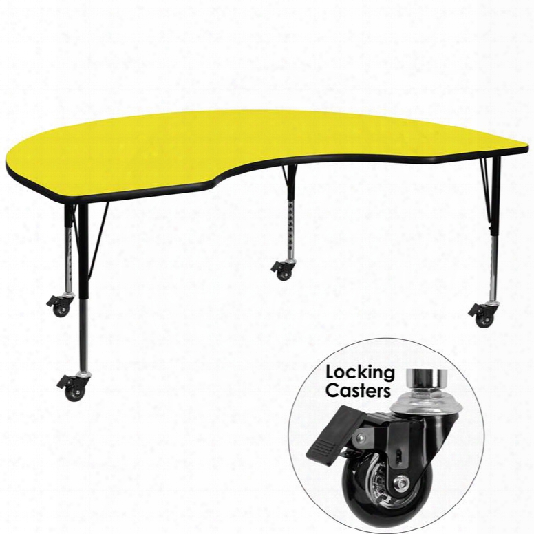 Xu-a4896-kidny-yel-h-p-cas-gg Mobile 48'w X 96'l Kidney Shaped Activity Table With 1.25' Thick High Pressure Yellow Laminate Top And Height Adjustable