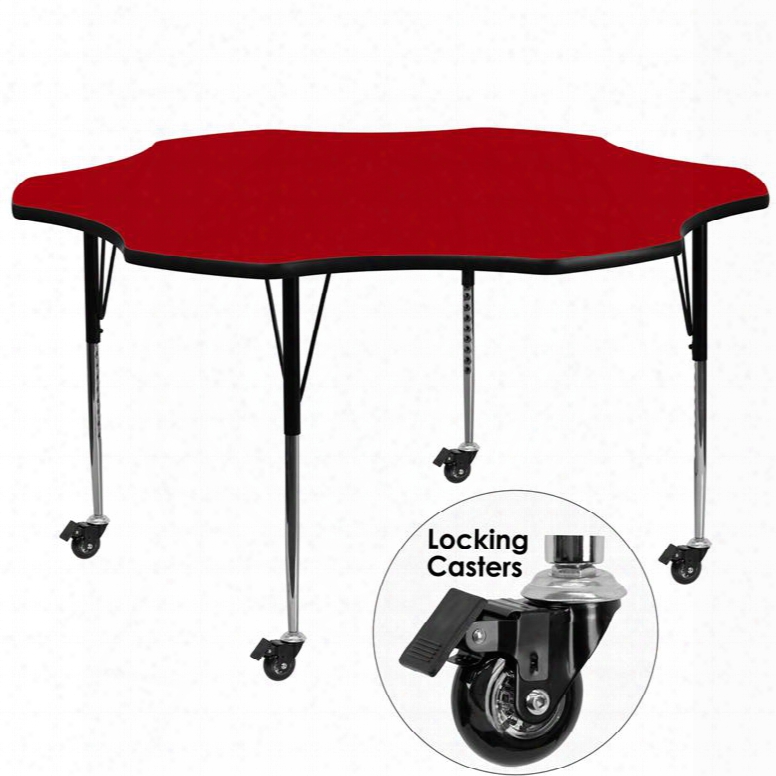 Xu-a60-flr-red-t-a-cas-gg Mobile 60' Flower Shaped Activity Table With Red Thermal Fused Laminate Top And Standard Height Adjustable