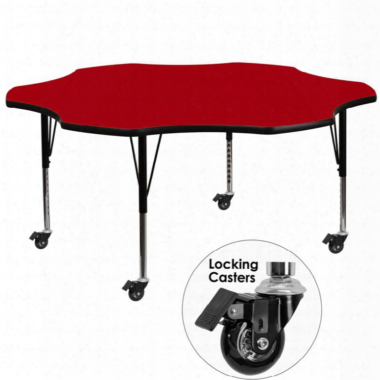 Xu-a60-flr-red-t-p-cas-gg Mobile 60' Flower Shaped Activity Table With Red Thermal Fused Laminate Top And Height Adjustable  Pre-school