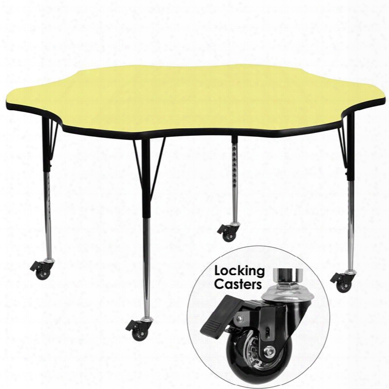 Xu-a60-flr-yel-t-a-cas=gg Mobile 60' Flower Shaped Activity Table With Yellow Thermal Fused Laminate Top And Standard Height Adjustable