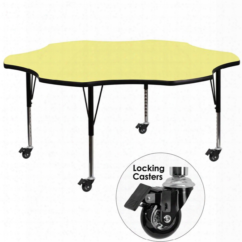 Xu-a60-flr-yel-t-p-cas-gg Mobile 60' Flower Shaped Activity Table With Yellow Thermal Fused Laminate Top And Height Adjustable Pre-school