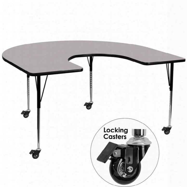 Xu-a6066-hrse-gy-t-a-cas-gg Mobile 60'w X 66'l Horseshoe Activity Table With Grey Thermal Fused Laminate Top And Standard Height Adjustable