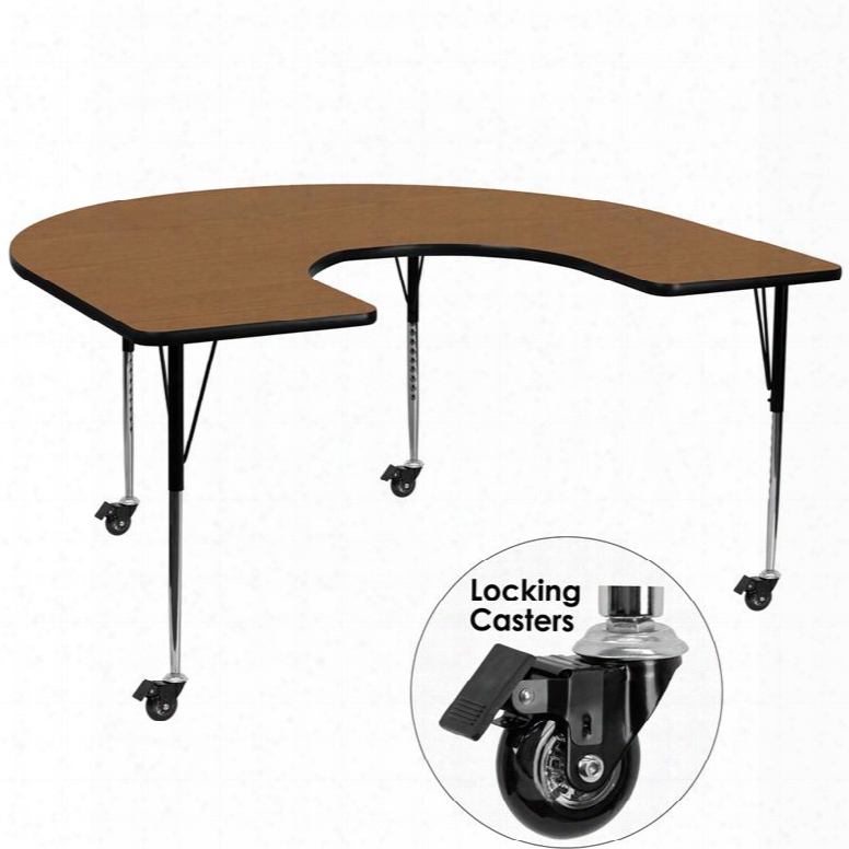 Xu-a6066-hrse-oak-t-a-cas-gg Mobile 60'w X 66'l Horseshoe Activity Table With Oak Thermal Fused Laminate Top And Standard Height Adjustble