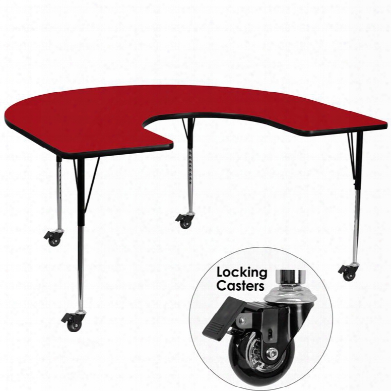 Xu-a6066-hrse-red-t-a-cas-gg Mobile 60'w X 66'l Horseshoe Activity Table With Red Thermal Fused Laminate Top And Standard Height Adjustable