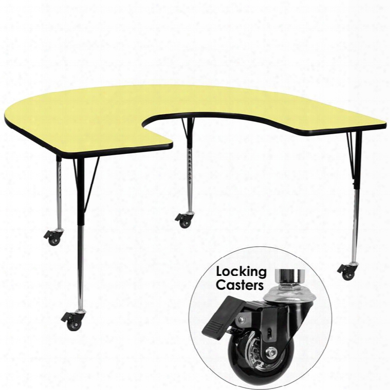 Xu-a6066-hrse-yel-t-a-cas-gg Mobile 60'w X 66'l Horseshoe Activity Table With Yellow Thermal Fused Laminate Top And Standard Height Adjustable