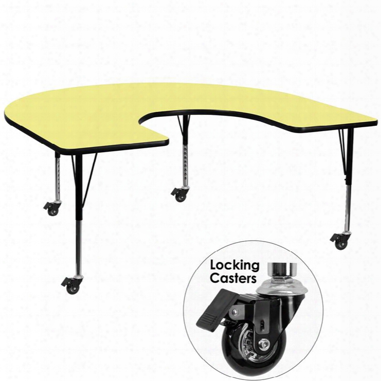 Xu-a6066-hrse-yel-t-p-cas-gg Mobile 60'w X 66'l Horseshoe Activity Table With Yellow Thermal Fused Laminate Top And Height Adjustablep Re-school