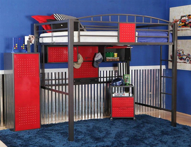 14y2003lbca Garage Loft Bed + Cabinet Wit H 2 Cubby Compartments Side Ladde And Tubular Steel Frame In