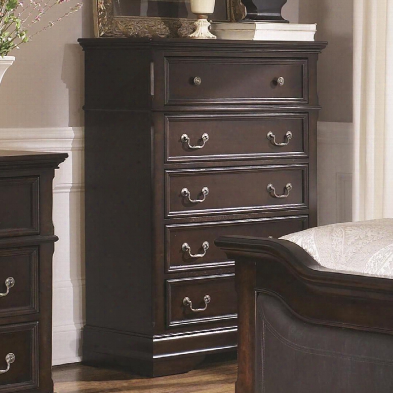 203195 Cambridge Chest With Five Drawers Bracket Feet Round Knobs Bail Hardware Center Metal Drawer Glides And Felt-line Top Drawer In Dark Cherry