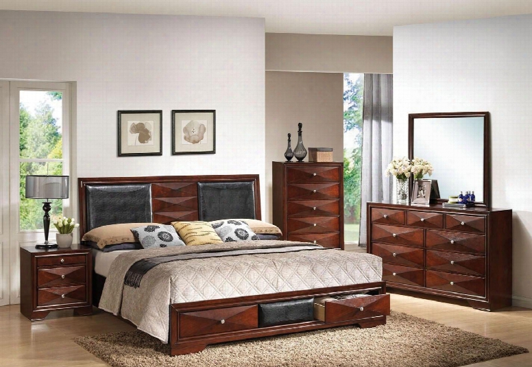 21907ek6pcset Windsor E. King Size Bed + Dresser + Mirror + Chest + 2 Nightstands With Black Pu Upholstery And Two Underbed Storage In Merlot