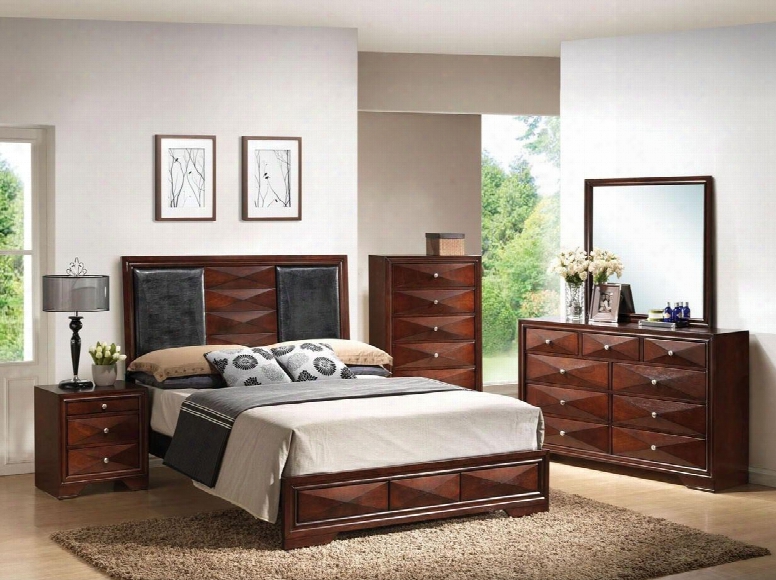 21920q4pcset Windsor Queen Size Bed + Dresser + Mirror + Nightstand With Black Pu Upholstery In Merlot