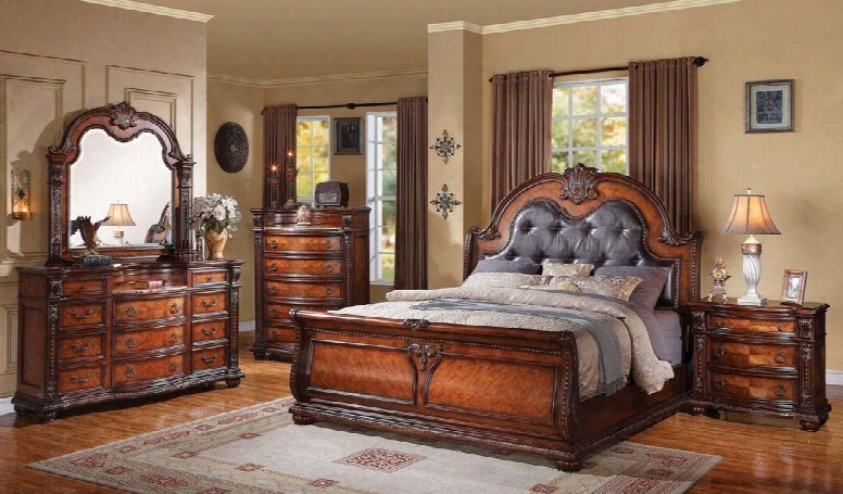 22307ek4pcset Nathaneal Eastern King Size Bed + Dresser + Mirror + Nightstand With Decorative Carving St Yle Black Pu Button Tufted Li Ke Headboard Wood