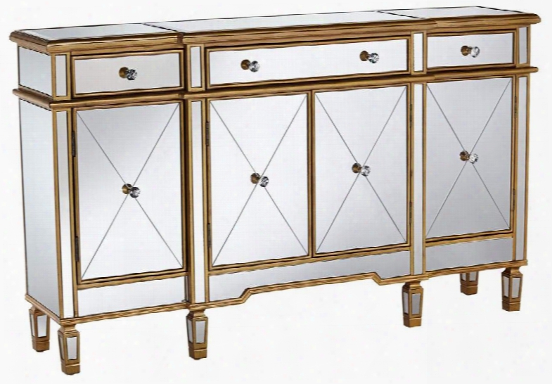 427-304 36" Gold And Mirrored Console With 3 Drawers 4 Doors Decorative Hardware And A Fixed