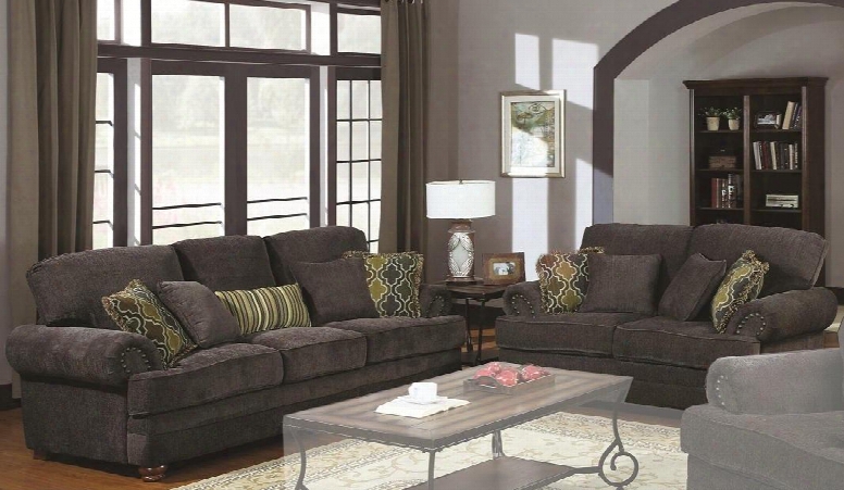 5044012pc Colton Traditional Sofa With Loveseat Roller Arm Nail Head Accent Trim Exposed Wood Accent Legs Sinuous Spring Base And Plush Upholstered In