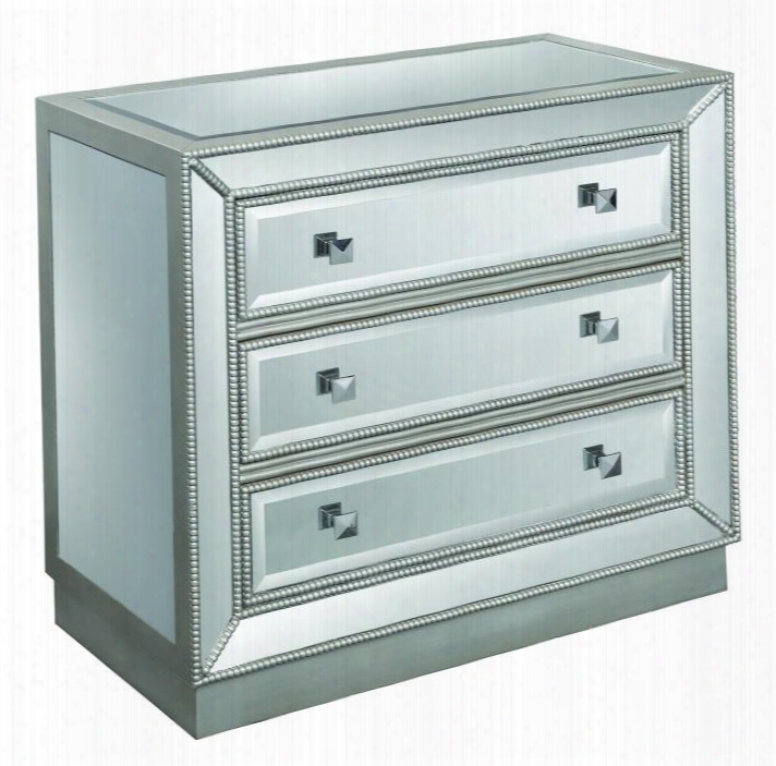 50706 32" Chest With 3 Drawers Square Mirrored Knobs And Gold-toned Beaded Trim In Elsinore Silver And