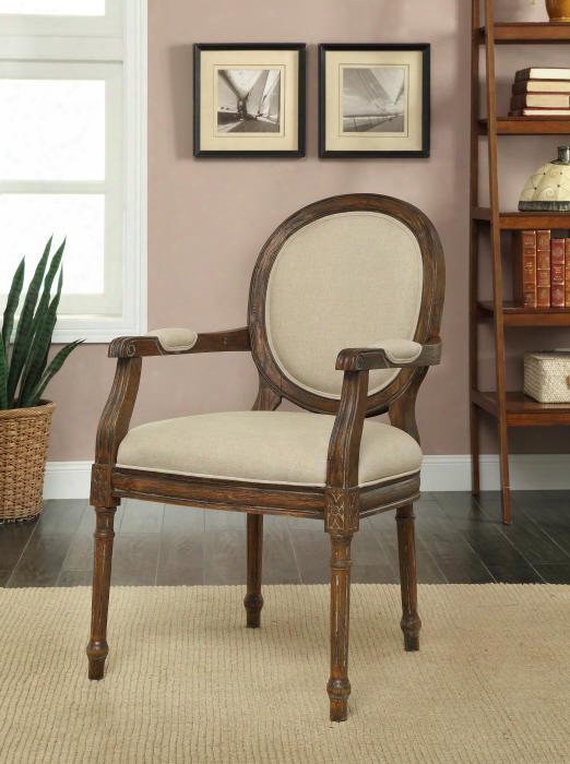 56308 39" Accent Chair With Padded Arms Hand Carved Details And Natural Beige Fabric Upholstery In Freeman Mid