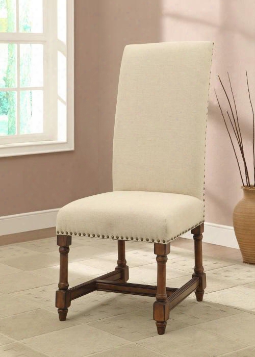56310 46" Accent Chair With Natural Beige Fabric Nailhead Accents And Turned Legs In Franconia