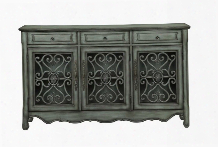 56417 60" Credenza With Three Drawer Three Door Interior Shelves And Hand Forged Pewter Metal In Hood Grey And Pewter