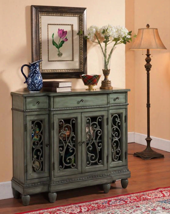 61703 42" Credenza With Three Drawer Four Door Hand-formed Decorative Metal Scrolls Rope Molding And Metal Hardware In Hood