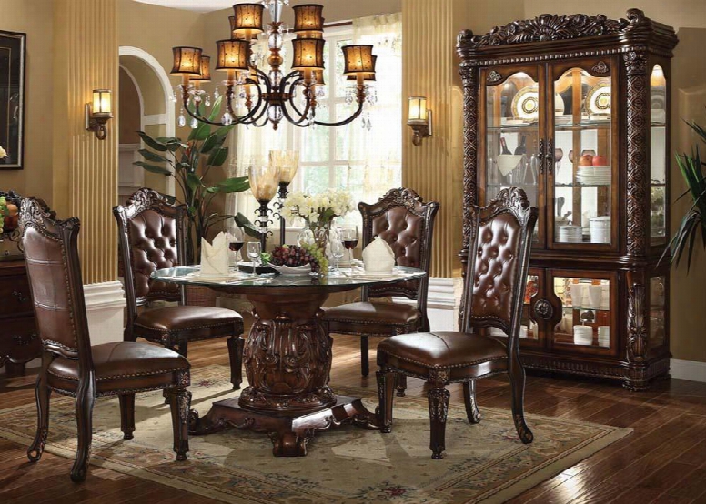 620104chb Vendome Dining Table + 4 Side Chairs + China Cabinet With Tempered Glass Top Round Shape Durable Construction Solid Woods And Veneers In Cherrry