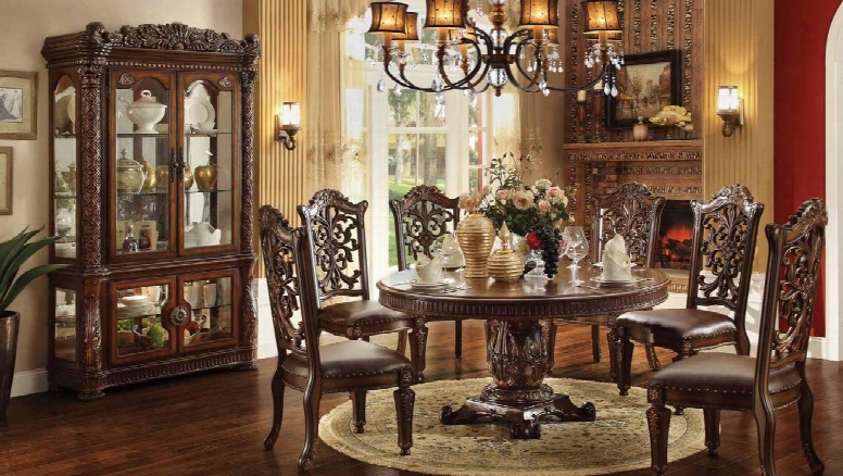 620204chcb Vendome Round Dining Room Food + 4 Side Chaira + China Cabinet With Carved Edges Single Pedestal Wood Veneers And Solids In Cherry