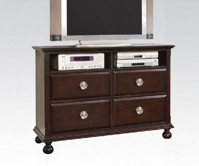 Amherst Collection 01800 Tv Console With 4 Storage Drawers Open Compartments Base Molding Chrome Plated Hardware And Turned Bun Feet In Espresso