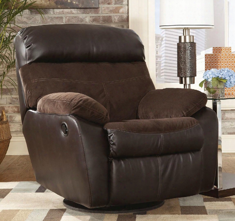 Berneen 5450128 38" Swivel Rocker Recliner With Faux Leather Outer Cover Fabric Seat And Back Cover And Headrest In Coffee