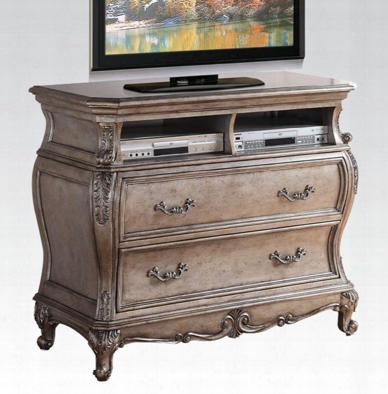 Chantelle Collection 20547 45" Tv Console With 2 Drawers 2 Top Media Comparments Metal Hardware Poplar Wood And Birch Veneer Materials In Antique Platinum