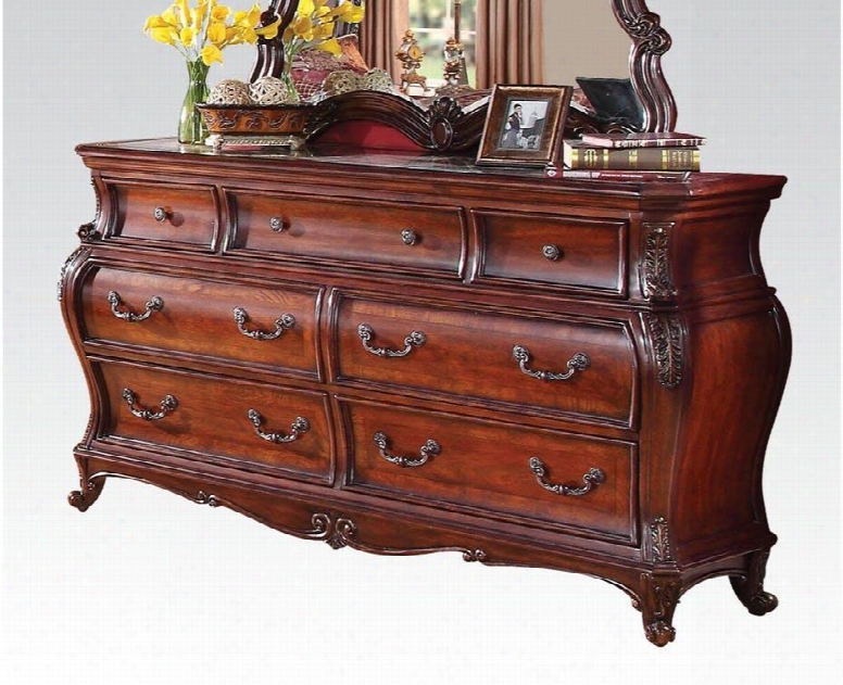 Dorothea 20595 70" Dresser With 7 Drawers Brown Marble Top Felt Lined Top Drawers And Poplar Wood Construction In Cherry