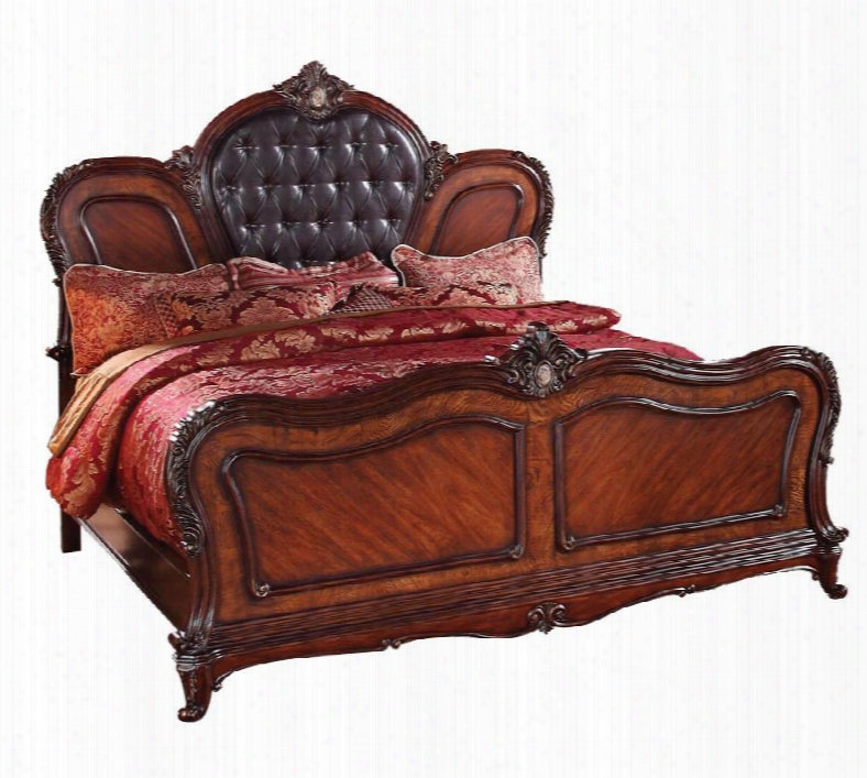 Dorothea Collection 20590q Queen Size Bed With Button Tufted Headboard Dark Brown Bonded Leather Upholstery Queen Anne  Legs Poplar Wood And Cherry Veneer