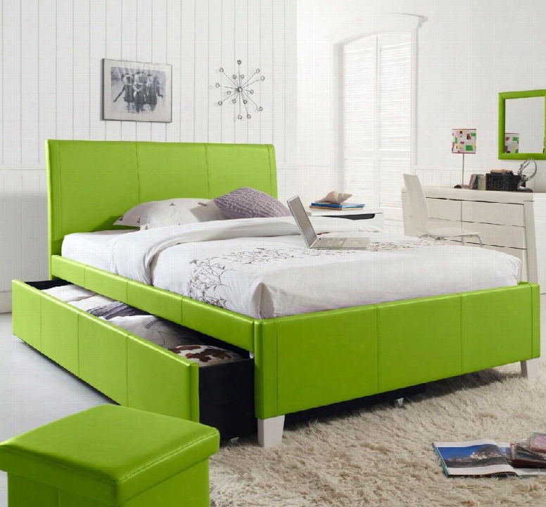 Fantasia Collection 60766a Twin Bed With Trundle And Faux Leather Upholstery In Green