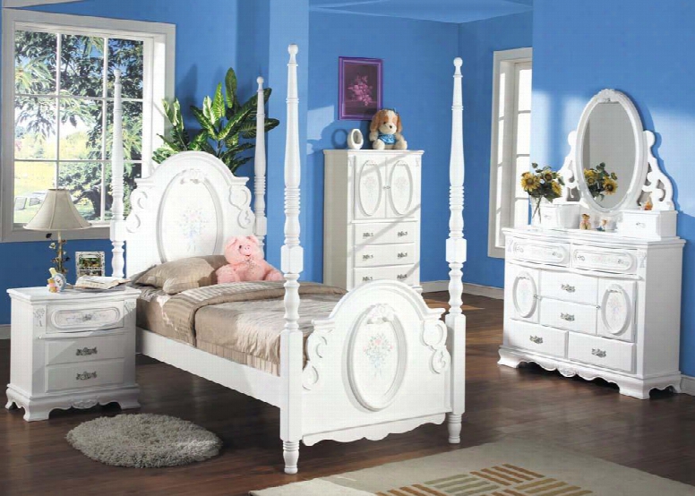Flora Collection 01660tdmntva Twin Size Poster Bed + Dresser + Mirror + Nightstand + Tv Armoire In White