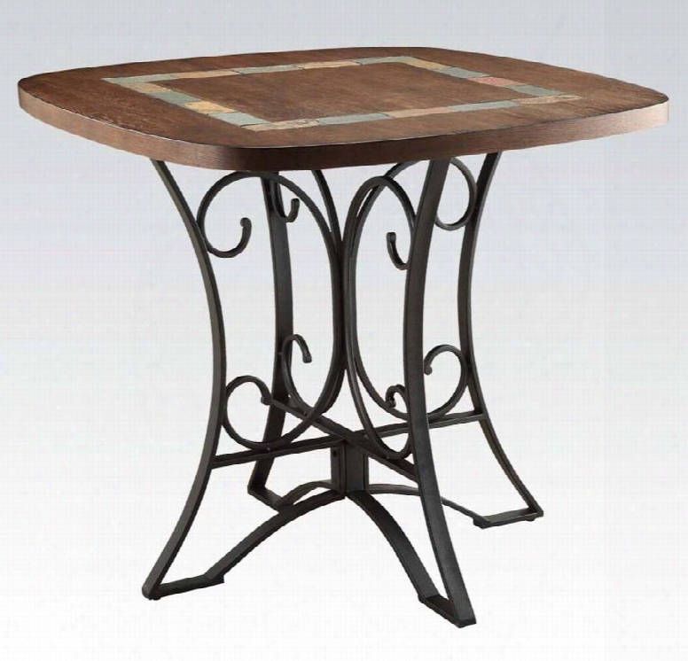 Hakesa Collection 72255 42" Counter Height Table With Metal Tube Frame Square Shape Slate Insert And Ash Wood Veneer Top In Antique Black And Cherry