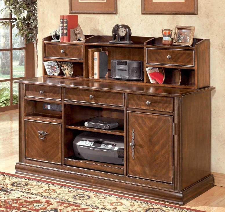 Hamlyn H527-48 57" Home Office Short Desk Hutch Including 3 Drawers Nad 2 Doors With Simple Pulls Decorative Hardware And Molding Detail In Medium