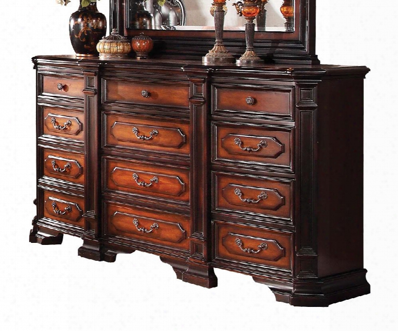 Le Havre 22405 70" Dresser With 12 Drawers Pilaster Columns Felt Lined Top Drawers Solid Woo Dand Veneer Materials In Two Tone Brown